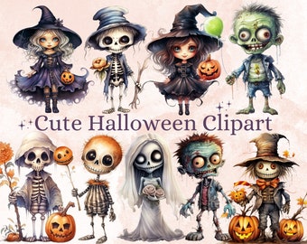 50 PNG Watercolor Cute Halloween Bundle Clipart, Kawaii Halloween Illustrations Clip art, Cute Ghost Zombie png, Spooky Season Sublimation