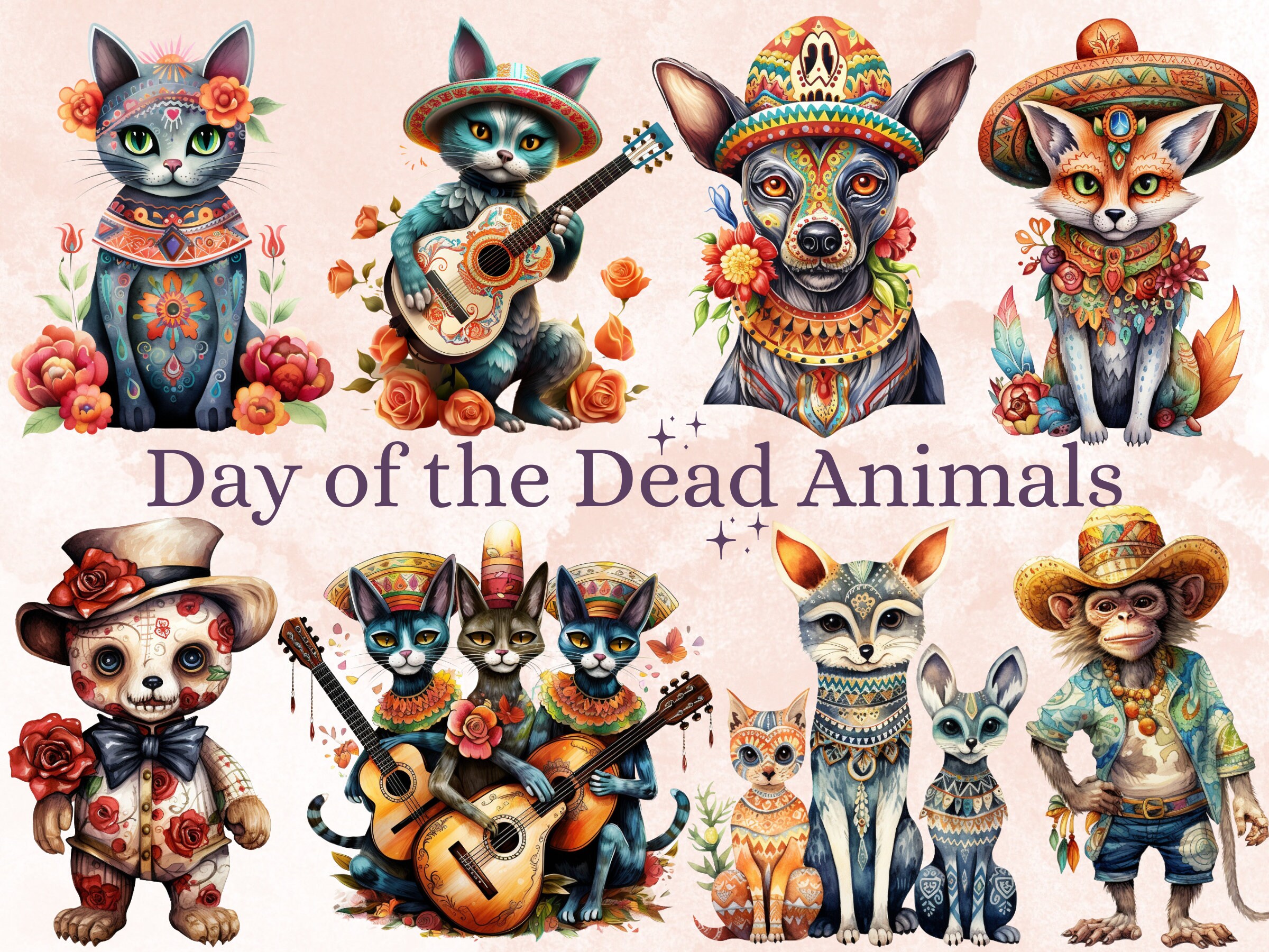 65 PNG Watercolor Day of the Dead Animals Clipart, Día de Los Muertos Illustration Clip art, Mexican Halloween png, Sugar Skull Sublimation