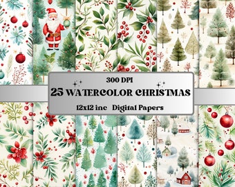 Printable Watercolor Christmas Digital Paper, Christmas Ephemera, Fantasy Noel Xmas Pages, Download Junk Journal, Scrapbooking, Card Making