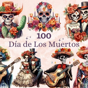 100 PNG Watercolor Día de Los Muertos Clipart, Day of the Dead Illustration Clip art, Mexican Halloween png, Sugar La Catrina Sublimation