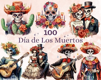100 PNG Aquarell Día de Los Muertos Clipart, Tag der Toten Illustration Clip art, mexikanische Halloween png, Sugar La Catrina Sublimation