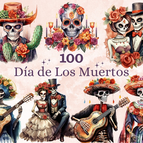 100 PNG Aquarelle Día de Los Muertos Clipart, Day of the Dead Illustration Clip art, Mexicain Halloween png, Sugar La Catrina Sublimation