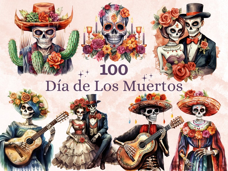 100 PNG Watercolor Día de Los Muertos Clipart, Day of the Dead Illustration Clip art, Mexican Halloween png, Sugar La Catrina Sublimation