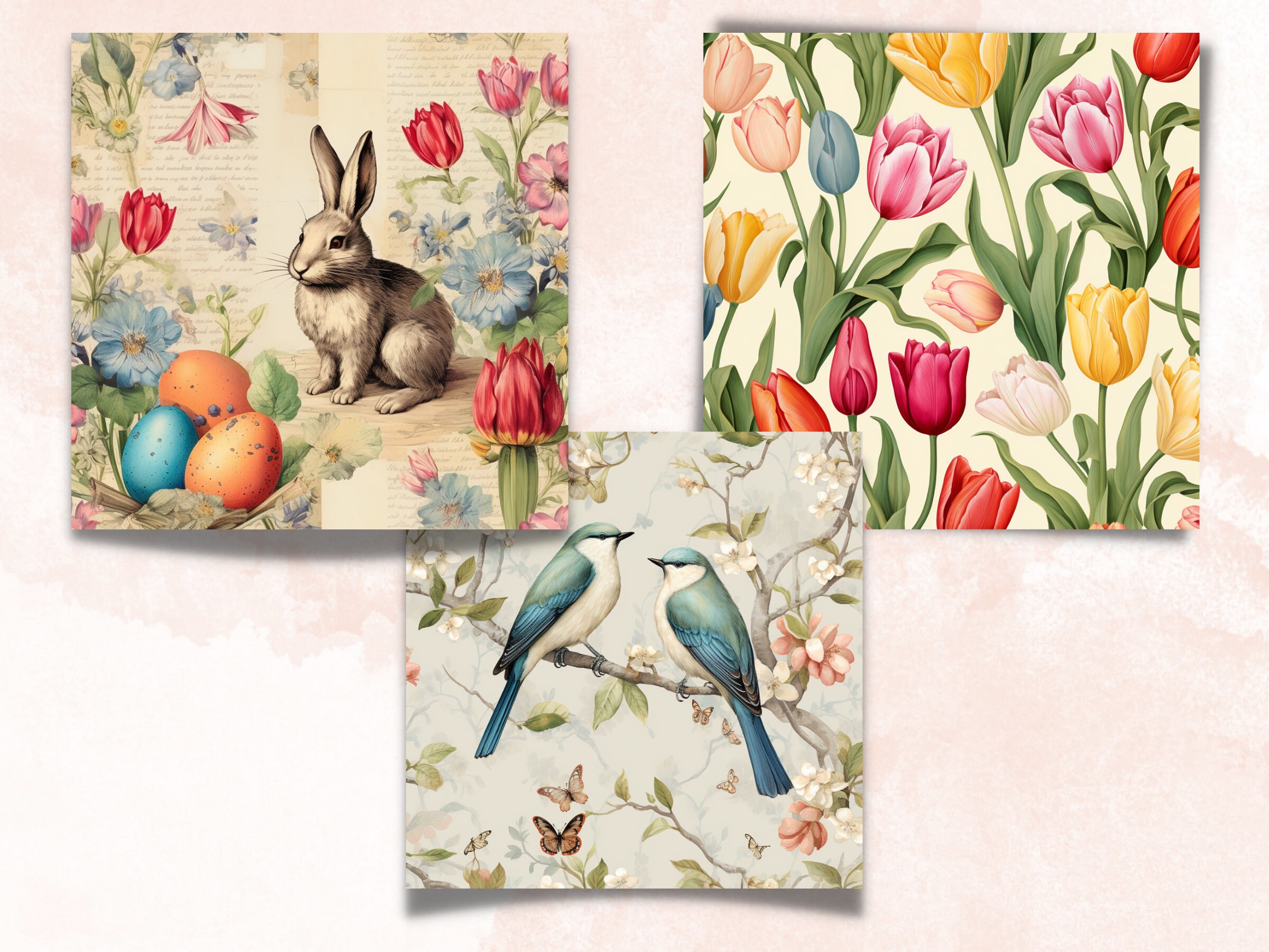 Printable Spring Easter Digital Paper, Floral Ephemera Collage, Easter ...