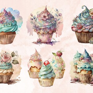 20 PNG Watercolor Magical Cupcakes Clipart, Gothic Cupcake Clip Art, Floral Cupcakes, Dessert clipart set, Floral Bakery Dessert Sublimation