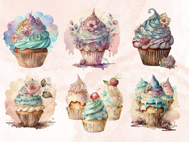 20 PNG Watercolor Magical Cupcakes Clipart, Gothic Cupcake Clip Art, Floral Cupcakes, Dessert clipart set, Floral Bakery Dessert Sublimation