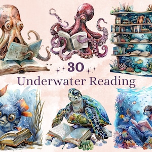 30 PNG Aquarell unter dem Meer lesen Clipart, Ocean Bücher Clip Art, lesen Meerestier png, Sealife Sublimation, Unterwasser Bücherwurm Set
