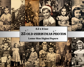 Puede incluir: Una colección de 25 fotos antiguas de Navidad, papeles digitales tamaño carta. Las imágenes en tonos sepia muestran niños con árboles de Navidad, regalos y Papá Noel. El texto en la imagen dice "8.5 x 11 inch".