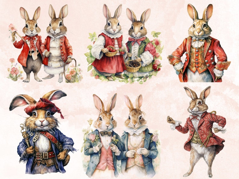 36 PNG Watercolor Fairytale Rabbit Clipart Bundle, Fairy tale Animal Clip Art, Vintage Fairy tale Bunny PNG, Fantasy Bunnies PNG Clip art