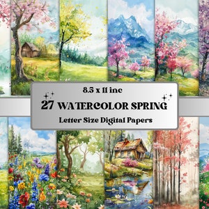 Papel digital de primavera de acuarela imprimible, efímera de escenas de primavera, fondo de bosque de fantasía, diario basura de Pascua, scrapbooking, fabricación de tarjetas