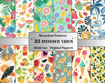 May include: A set of 23 digital papers featuring summer themed patterns. The patterns include pineapples, lemons, watermelon, ice cream cones, palm trees, flowers, and more. The papers are 12x12 inches.
