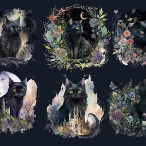 16 PNG Watercolor Fantasy Black Cats Clipart, Black Cat Clip Art, Celestial Black Cat Clipart, Magical clipart, Witchcraft Bundle, pagan png