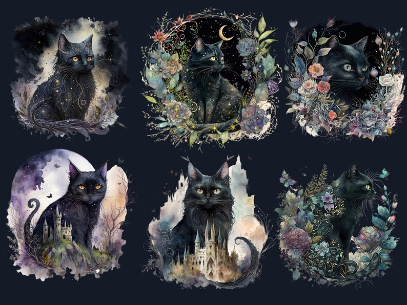 16 PNG Watercolor Fantasy Black Cats Clipart, Black Cat Clip Art, Celestial Black Cat Clipart, Magical clipart, Witchcraft Bundle, pagan png