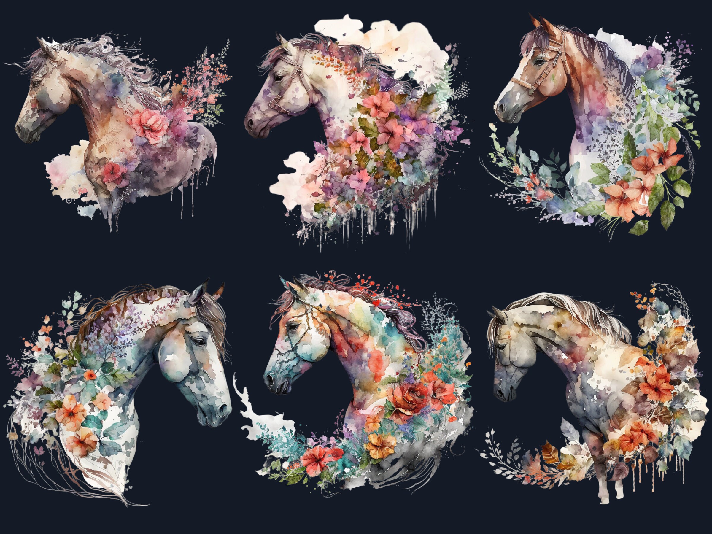 19 PNG 水彩花柄馬クリップアート、花付き馬 PNG バンドル、馬昇華