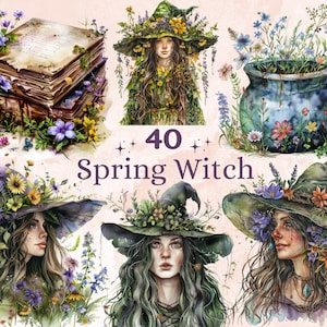 40 PNG Watercolor Spring Witch Clipart, Pagan Ostara Witch Illustrations Clip art, Earth Herbal Witch png, Sublimação de Bruxaria Gótica