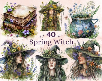 40 PNG Watercolor Spring Witch Clipart, Pagan Ostara Witch Illustrations Clip art, Earth Herbal Witch png, Gothic Witchcraft Sublimation