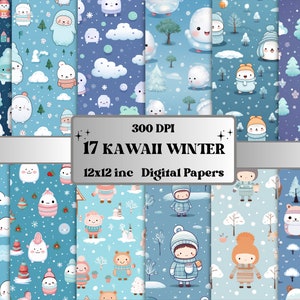 Druckbare Kawaii Winter digitales Papier, Winter Wonderland Ephemera, süße verschneite Winter Seiten, Download Junk Journal, Scrapbooking, Kartenherstellung