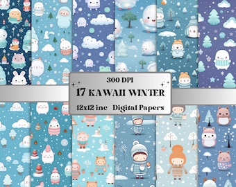 Printable Kawaii Winter Digital Paper, Winter Wonderland Ephemera, Cute Snowy Winter Pages, Download Junk Journal, Scrapbooking, Card Making