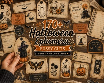 170+ Halloween Ephemera Fussy Cuts Printable, Spooky Journal Cut Outs, Witchy Vintage Collage Elements for Scrapbook, Card Making & Crafts
