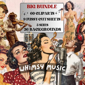 Pack de collages musicaux fantaisistes, feuilles découpées éphémères pour musiciens, album d'albums d'artiste, arrière-plan surréaliste, collection de découpes d'art numérique