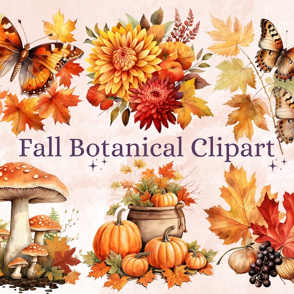 45 PNG Watercolor Fall Botanical Clipart, Autumn Flowers Illustrations Clip art, Floral Fall Mushroom png, Autumn Leaves Foliage Sublimation