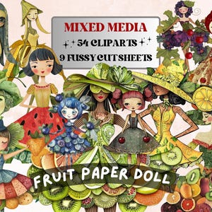 Skurrile Obst Mädchen Mixed Media Clipart, launisches Obst Puppe fussy Schnitt Collage Sheet, schrullig geschnittenes Ephemera, PNG + JPG für Scrapbooking