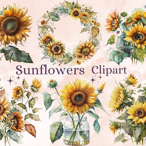 23 PNG aquarelle tournesols Clipart, bundle png tournesol, cadre de tournesols PNG, tournesol Bouquets Clip Art, pack Arrangements tournesol