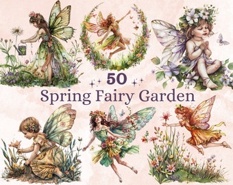 50 PNG acuarela primavera jardín de hadas clipart, ilustraciones de hadas del bosque encantado Clip art, hada floral de fantasía png, sublimación del bosque