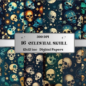 May include: 16 digital papers featuring celestial skull designs. Each paper is 12x12 inches and 300 DPI. The papers feature a dark blue background with gold stars, moons, and planets. The skulls are in various shades of blue and green.