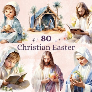 80 PNG acuarela cristiana Pascua Clipart, Pascua Jesús Ilustraciones Clip art, Sublimación religiosa de la cruz de Pascua, Natividad Jesús Efímera