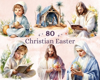 80 PNG acuarela cristiana Pascua Clipart, Pascua Jesús Ilustraciones Clip art, Sublimación religiosa de la cruz de Pascua, Natividad Jesús Efímera