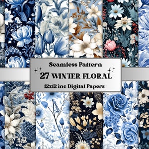 Pacchetto di carta digitale floreale invernale senza soluzione di continuità, motivo ripetuto di fiori innevati, sfondo festivo senza giunture di texture di Natale, carta per album