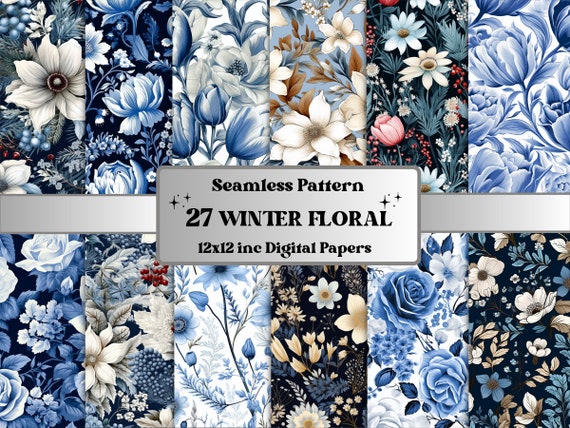 Seamless Winter Floral Digital Paper Pack, Snowy Flowers Repeating