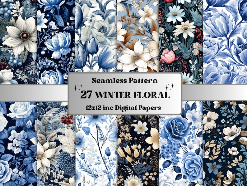 Seamless Winter Floral Digital Paper Pack, Snowy Flowers Repeating ...