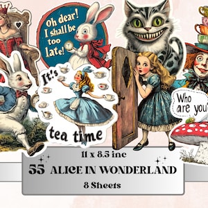 Alice no País das Maravilhas Fussy Cut Pages, Coleção de itens efêmeros caprichosos da Alice Fussy Cut, Kit de diário complementar de conto de fadas, Scrapbooking para hora do chá