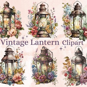 19 PNG Watercolor Vintage Lantern Clipart, Floral Lantern Clip Art, Fantasy Lantern PNG, Cottagecore Lantern Roses Clipart, Lamp Clip Art