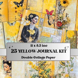Yellow Junk Journal Kit, Efemere gele pagina's, grillig collagevel, pastel plakboekpapier, mixed media ATC-kaart, gele achtergrond