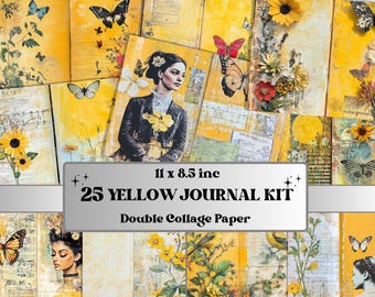 Yellow Junk Journal Kit, Yellow Pages Ephemera, Whimsical Collage Sheet, Pastel Scrapbook Paper, Mixed Media ATC Card, Yellow Background