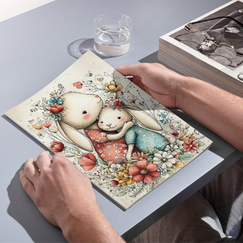 May include: A watercolor illustration of two bunnies embracing, surrounded by colorful flowers. One bunny wears a blue dress, the other a red floral dress. The artwork is held by a person.