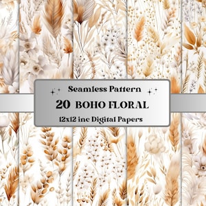 Carta digitale floreale Boho senza soluzione di continuità, Elegante Boho Flowers Seamless Pattern, Boho Collage Paper Pack, Boho Scrapbooking Junk Journal Kit