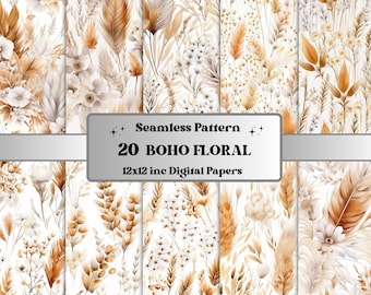 Seamless Boho Floral Digital Paper, Elegant Boho Flowers Seamless Pattern, Bohemian Collage Paper Pack, Boho Scrapbooking Junk Journal Kit