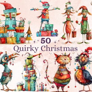 Paquete de 50 imágenes prediseñadas navideñas extravagantes en acuarela PNG, ilustraciones navideñas extravagantes, imágenes prediseñadas navideñas PNG, sublimación navideña de fantasía