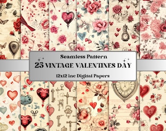 Seamless Vintage Valentine&#39;s Day Digital Paper, Romantic Valentine Love Seamless Pattern, Retro Hearts Texture Background, Scrapbook Paper