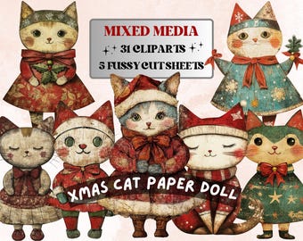 May include: A collection of Christmas cat paper doll cliparts. The image features several cat illustrations dressed in festive attire, including dresses, hats, and scarves. The text "Mixed Media" and "Xmas Cat Paper Doll" are also visible.