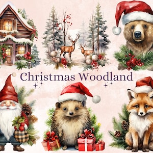 42 PNG aquarelle Noël forêt Clipart, illustrations de forêt de Noël Clip art, hiver animaux de la forêt png, décorations de Noël Noël