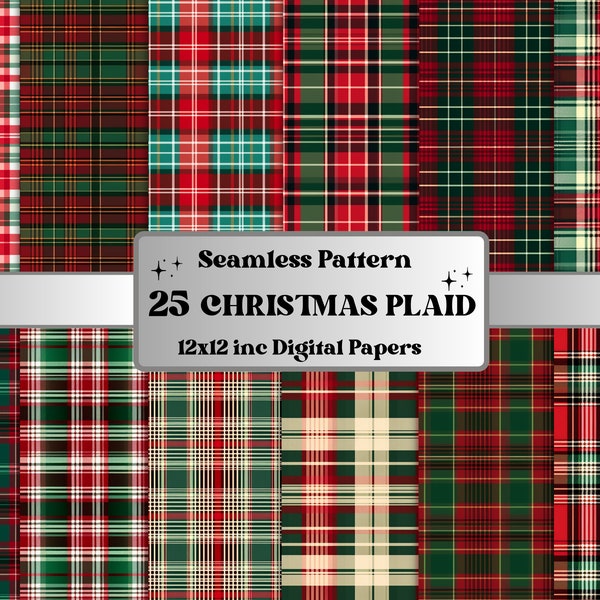 Seamless Christmas Plaid Digital Paper Pack, Winter Buffalo Plaid Seamless Pattern, Christmas Tartan Texture Background, Scrapbook Papers