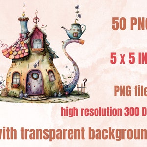 30 PNG Watercolor Quirky House Clipart, Whimsical Mushroom House Illustrations Clip art, Teapot Fairy House png, Cute Apartment Sublimation