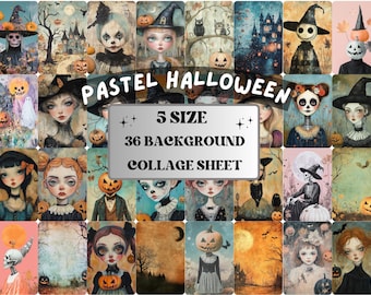 Pastelloween Collage Papier, schrulliges Pastelloween, Mixed Media Sheet, skurriles Ephemera Bilder, launisches Journal, gruseliges Papier