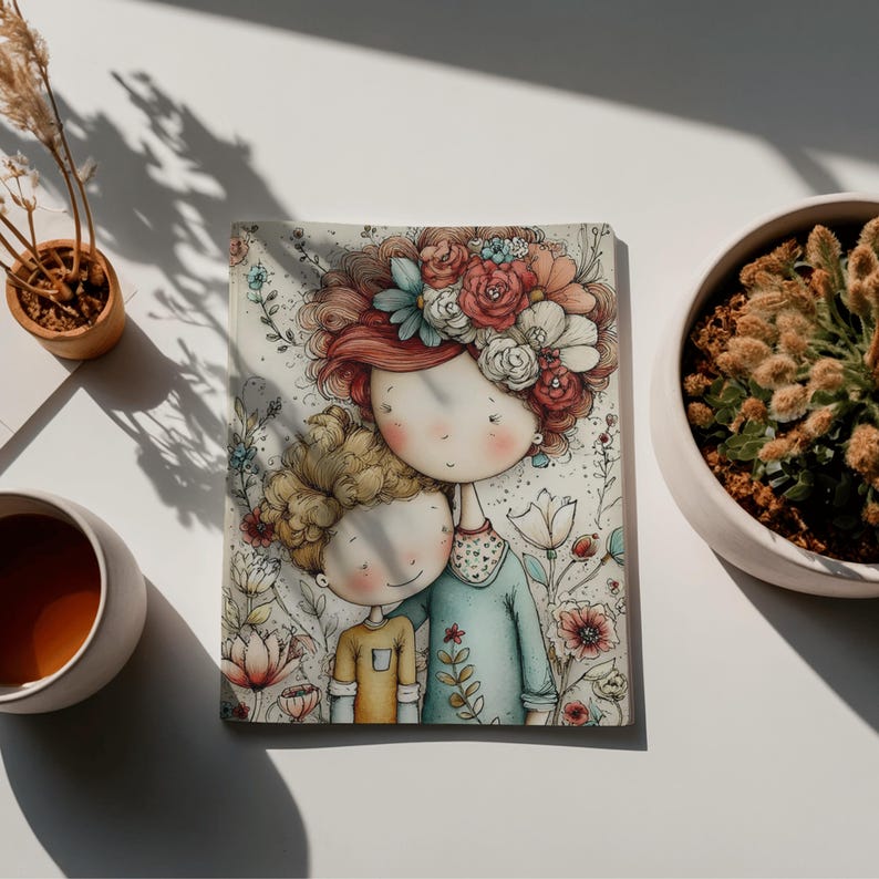 May include: A rectangular art print featuring a watercolor illustration of two figures with large eyes and floral headpieces. The figures are embraced, set against a floral background with soft colors. The print is on a white surface with a cup and potted plants.
