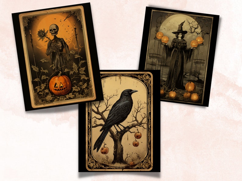 Printable Halloween Tarot Digital Paper, Vintage Halloween Tarot, Retro Halloween Pages, Download Junk Journal, Scrapbooking, Tarot Cards